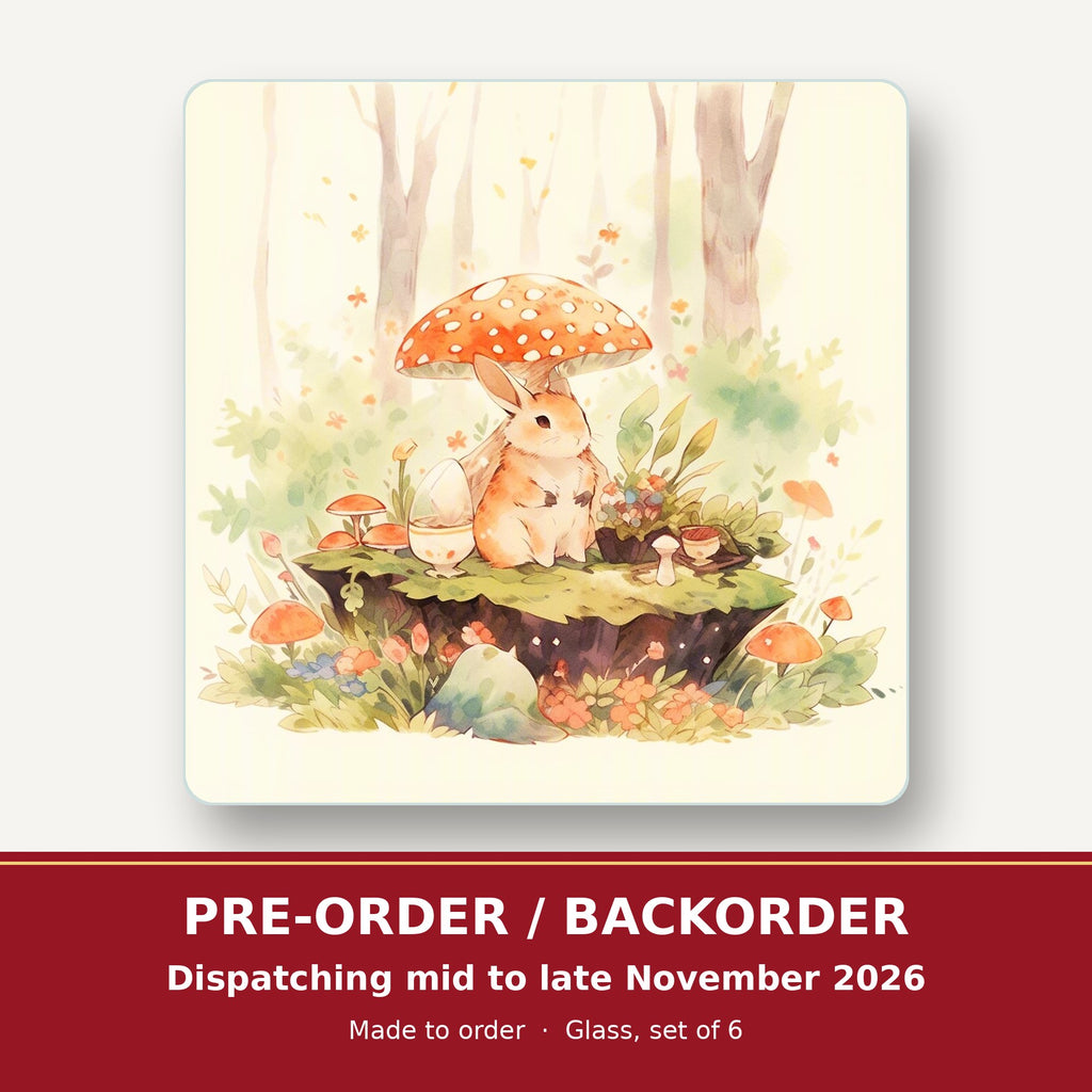 Rabbit under a Toadstool square glass coaster set of 6 – pre-order / backorder, dispatching mid to late November 2026