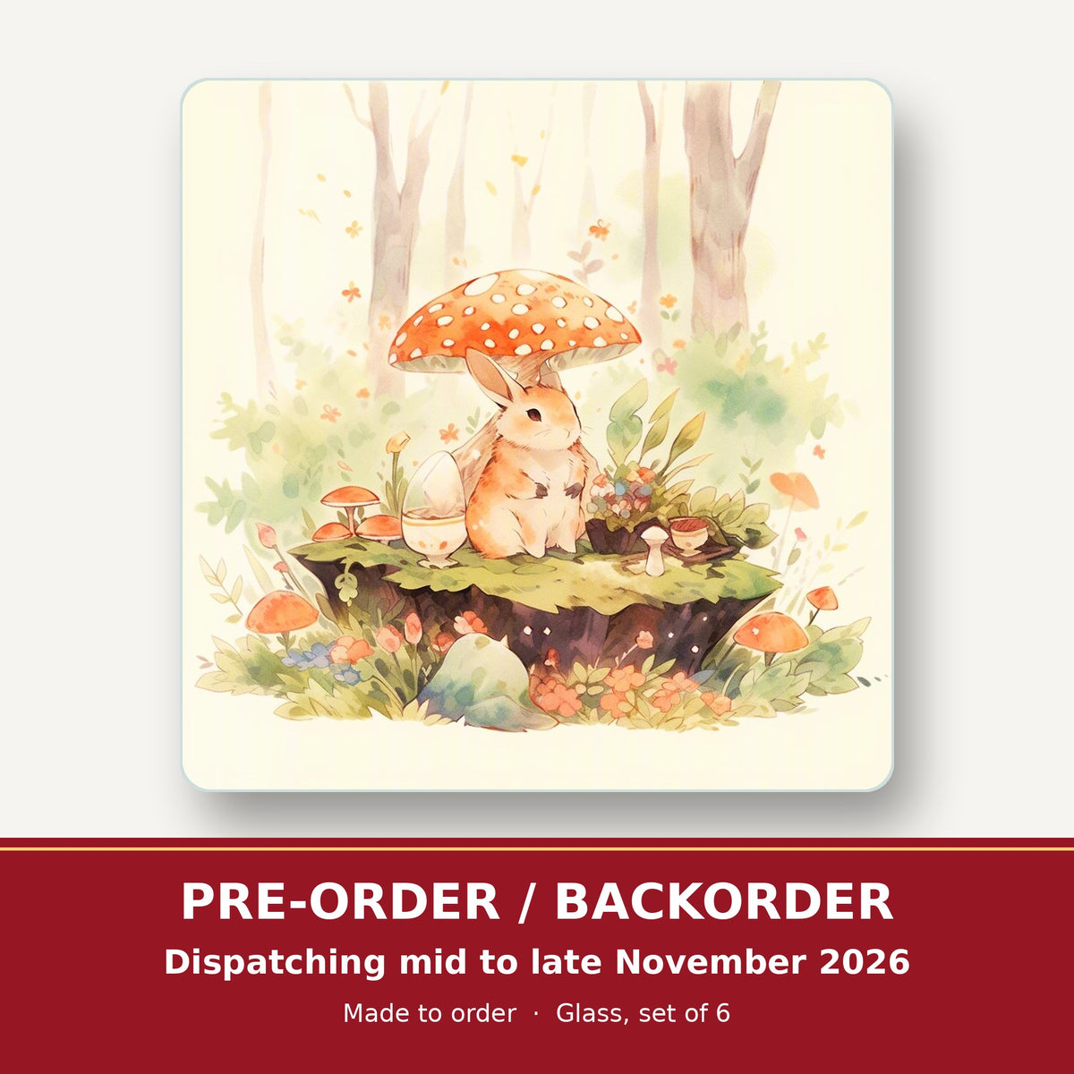 Rabbit under a Toadstool square glass coaster set of 6 – pre-order / backorder, dispatching mid to late November 2026