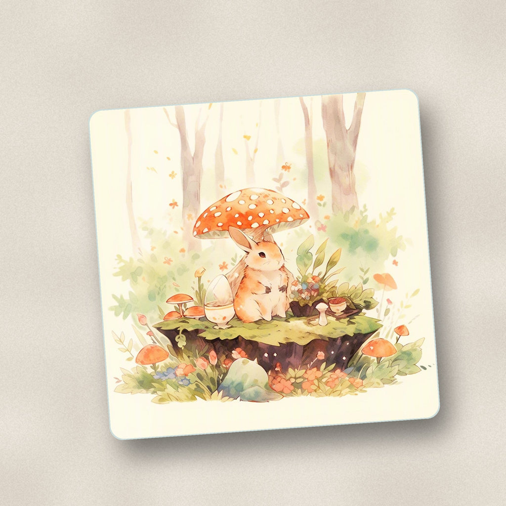 Close-up of one rabbit under a toadstool square glass coaster, flat UV print