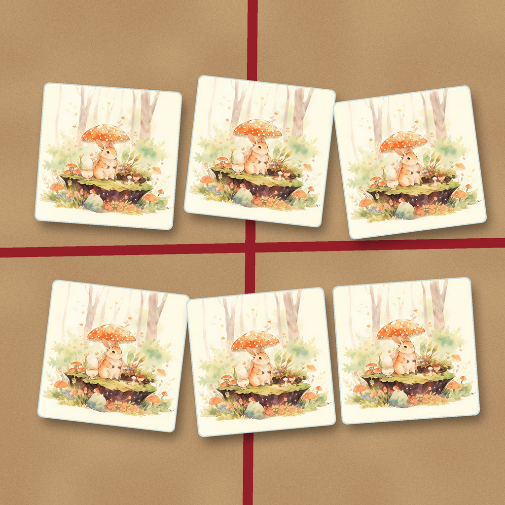Rabbit under a Toadstool square glass coasters on kraft gift wrap