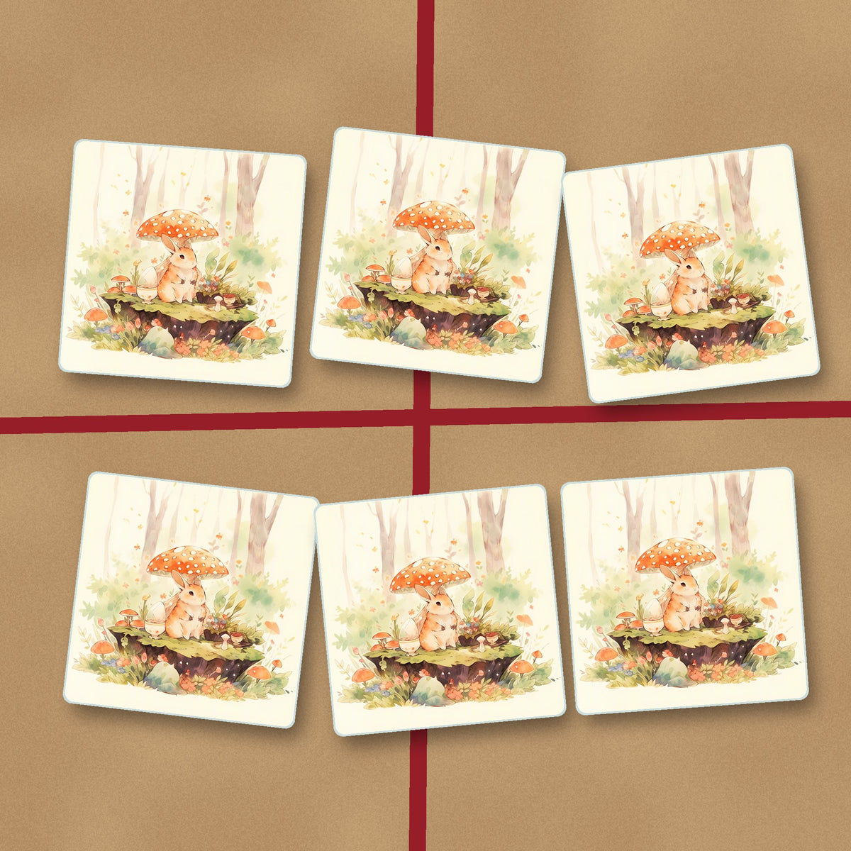 Rabbit under a Toadstool square glass coasters on kraft gift wrap