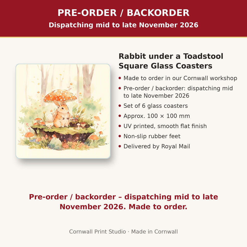 Info card: Rabbit under a Toadstool Square Glass Coasters – Set of 6, made to order, dispatching mid to late November 2026, delivered by Royal Mail