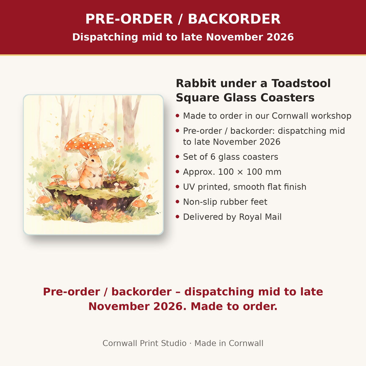 Info card: Rabbit under a Toadstool Square Glass Coasters – Set of 6, made to order, dispatching mid to late November 2026, delivered by Royal Mail