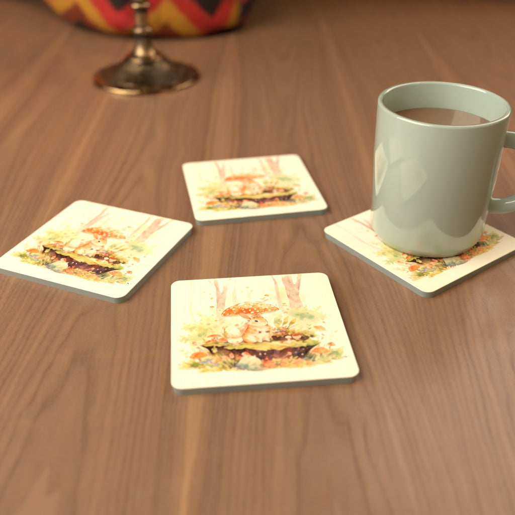 Rabbit under a Toadstool Square Glass Coasters – Set of 6 – cosy lifestyle mockup