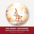 Rabbit on an Autumn Woodland Path round ceramic coaster set of 6 – pre-order / backorder, dispatching mid to late November 2026