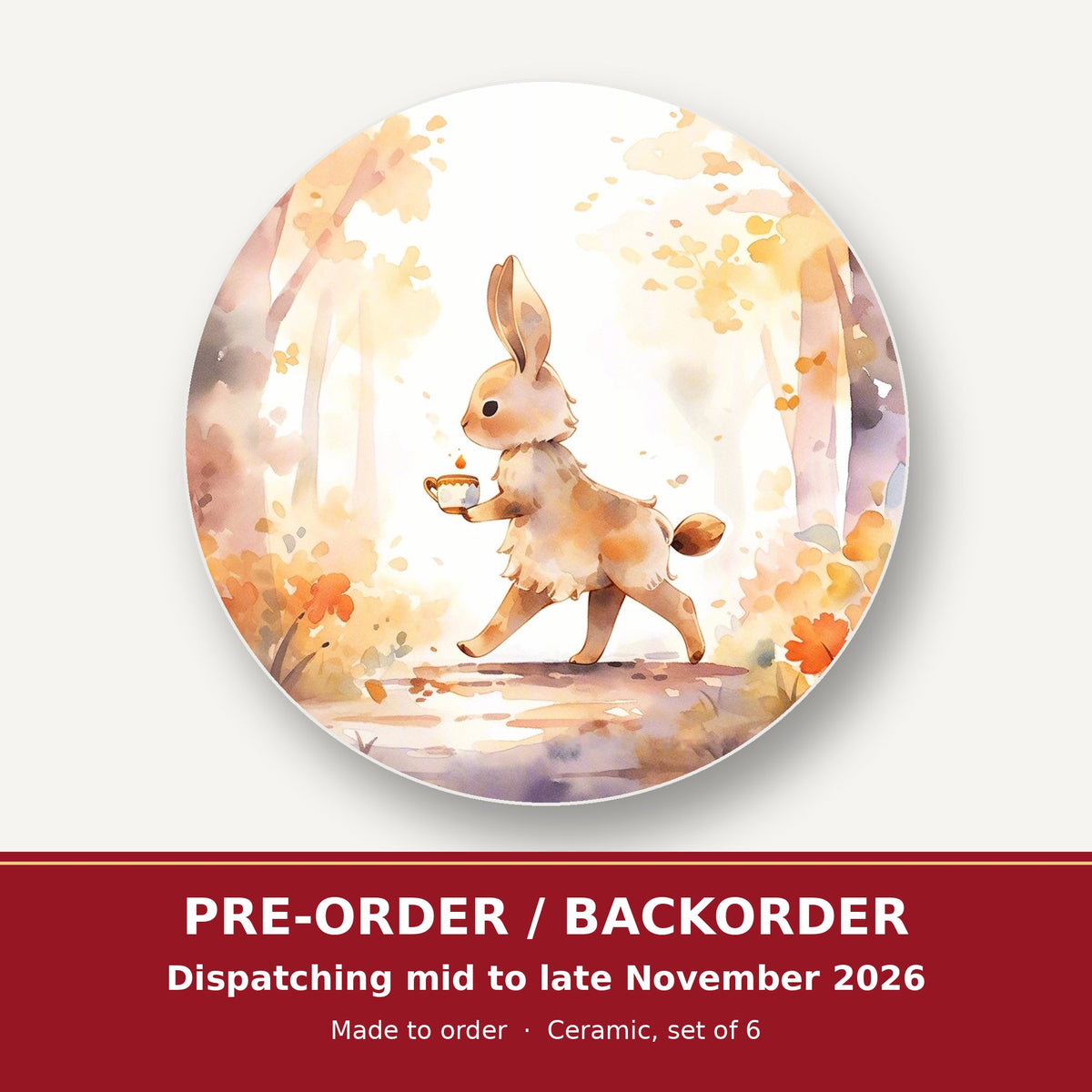 Rabbit on an Autumn Woodland Path round ceramic coaster set of 6 – pre-order / backorder, dispatching mid to late November 2026
