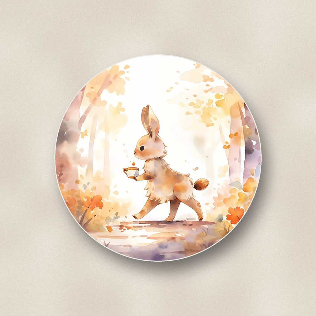 Close-up of one rabbit on an autumn woodland path round ceramic coaster, flat UV print