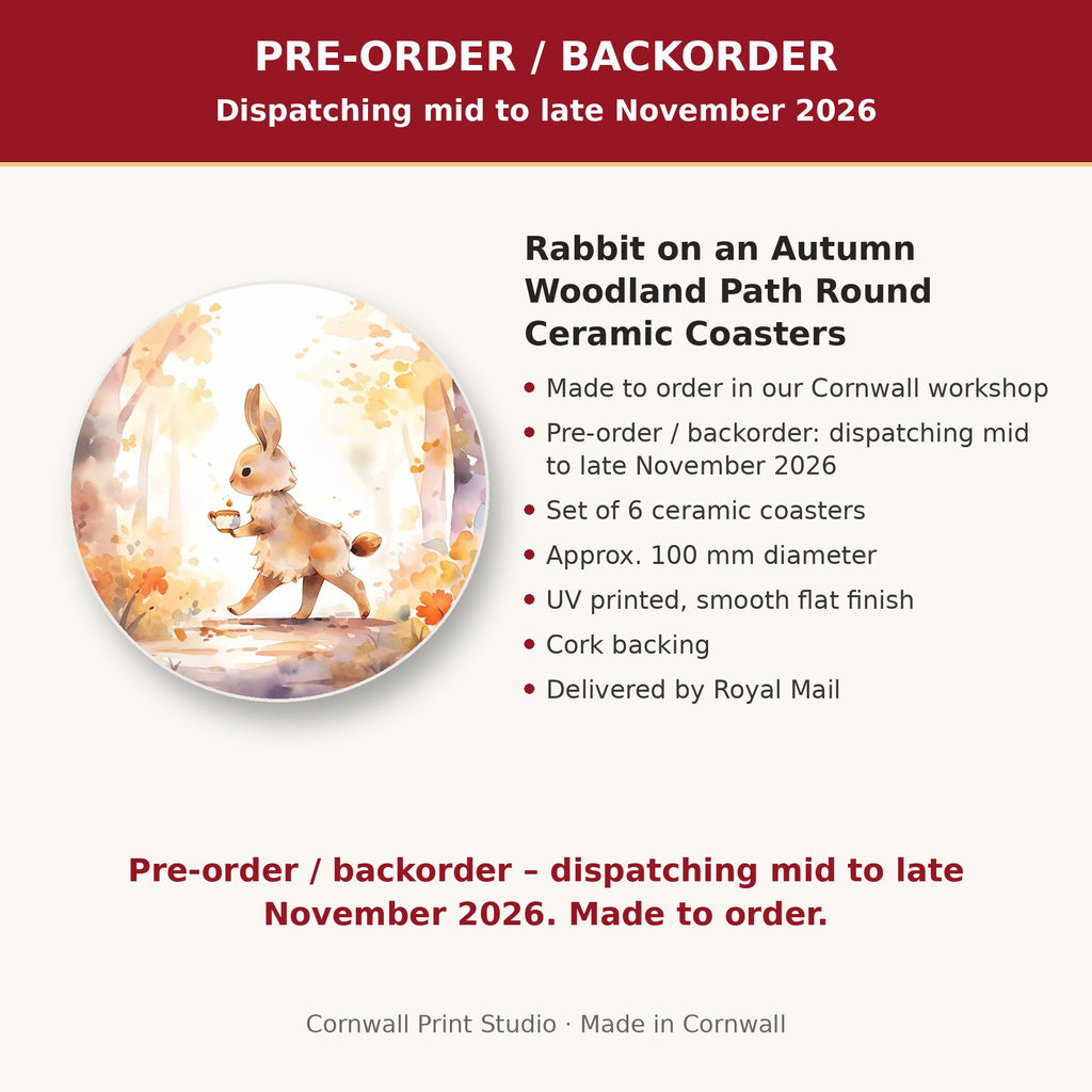 Info card: Rabbit on an Autumn Woodland Path Round Ceramic Coasters – Set of 6, made to order, dispatching mid to late November 2026, delivered by Royal Mail