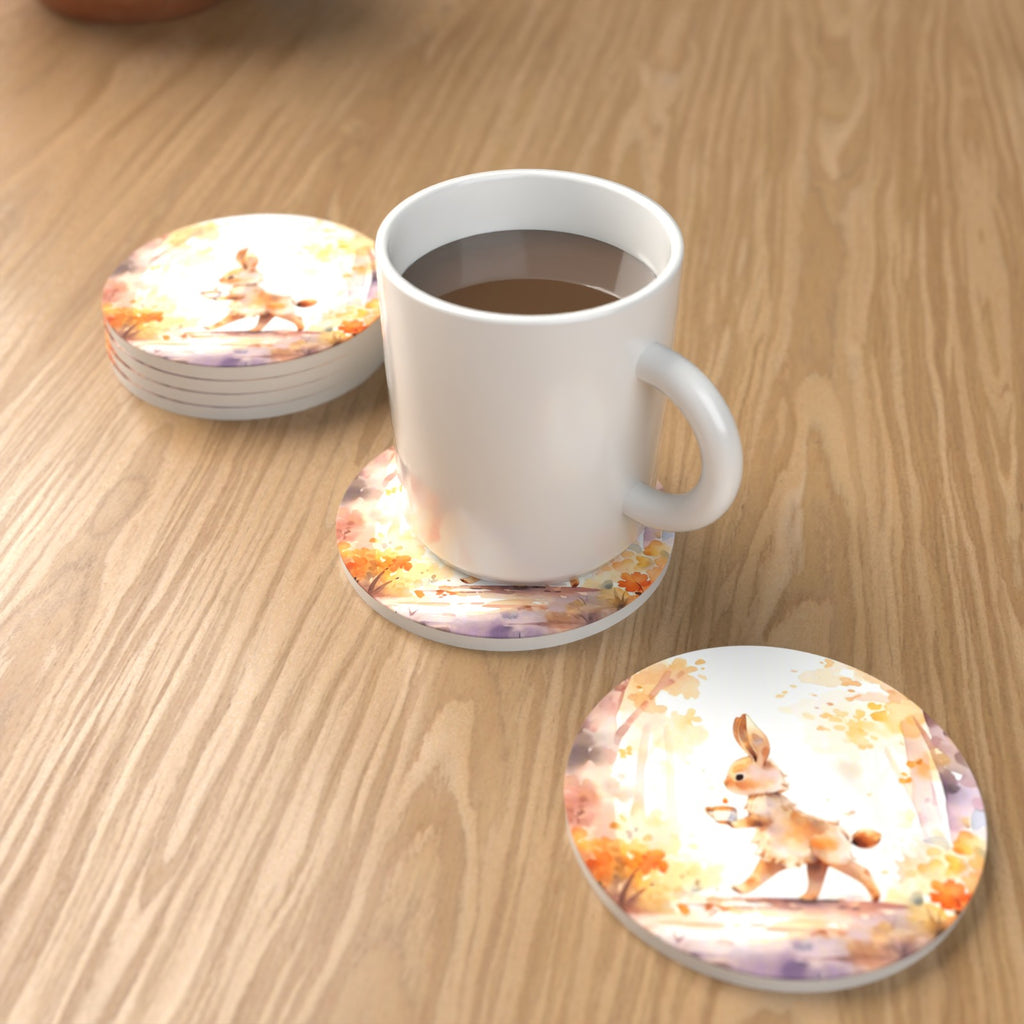 Rabbit on an Autumn Woodland Path Round Ceramic Coasters – Set of 6 – lifestyle mockup with a mug of coffee