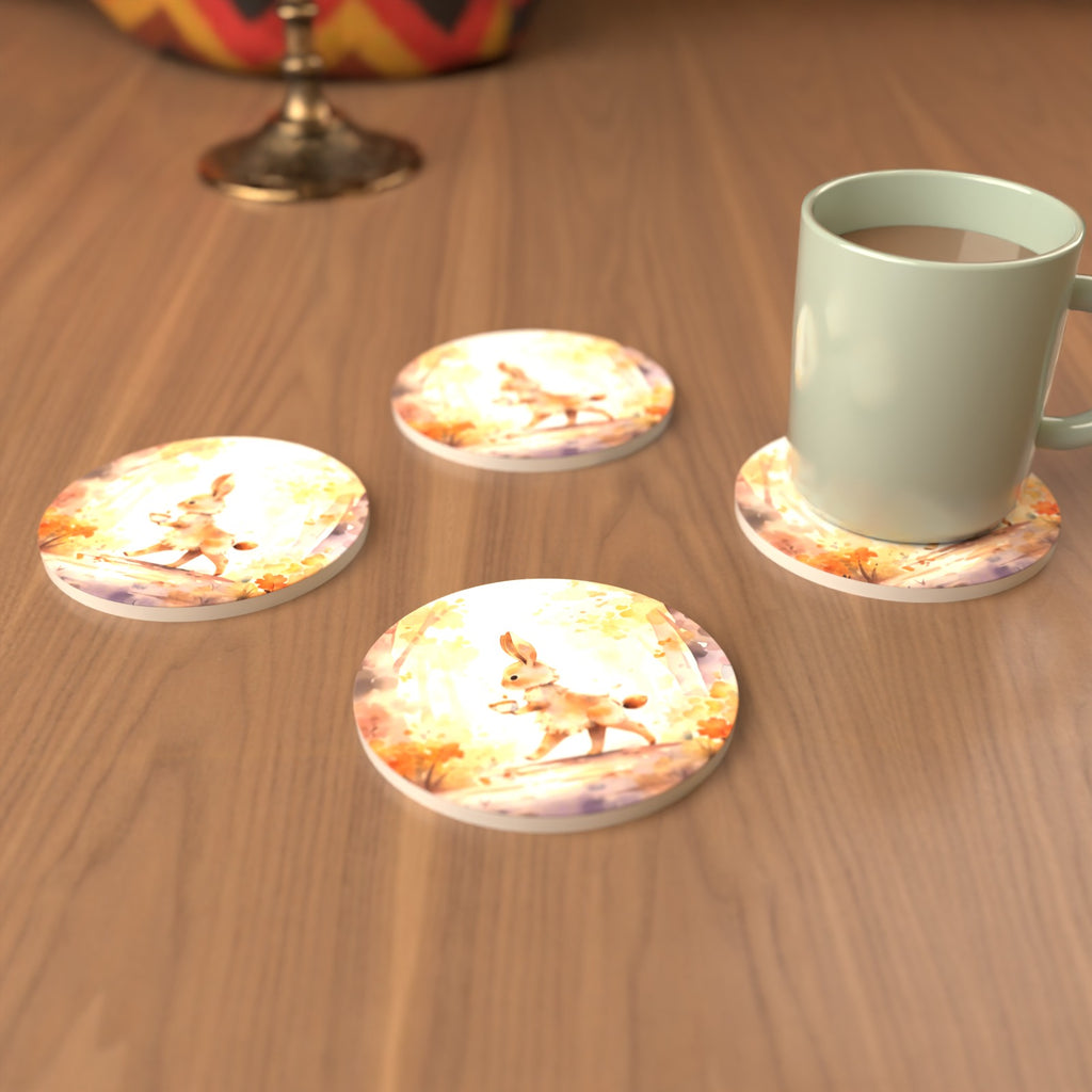 Rabbit on an Autumn Woodland Path Round Ceramic Coasters – Set of 6 – cosy lifestyle mockup