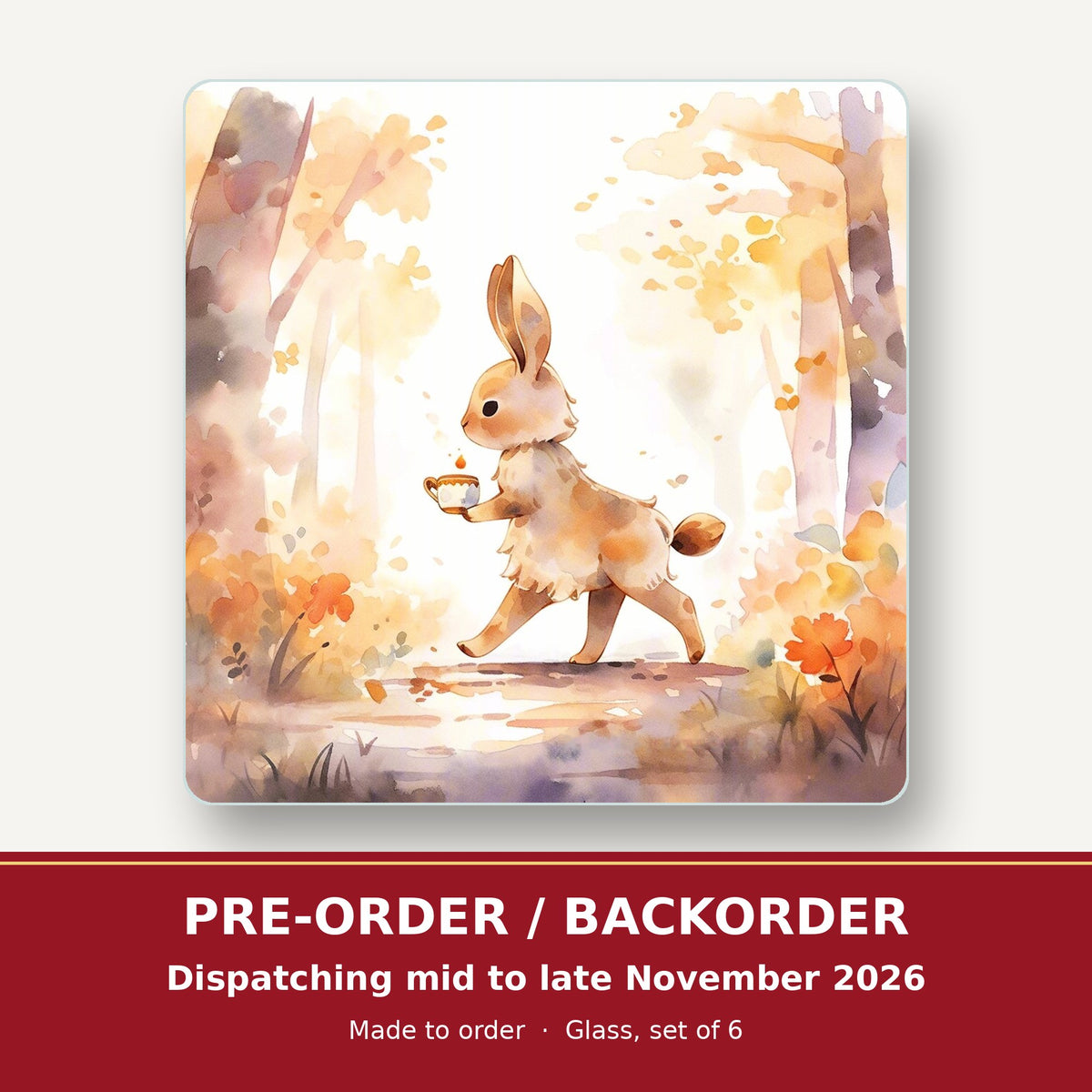 Rabbit on an Autumn Woodland Path square glass coaster set of 6 – pre-order / backorder, dispatching mid to late November 2026