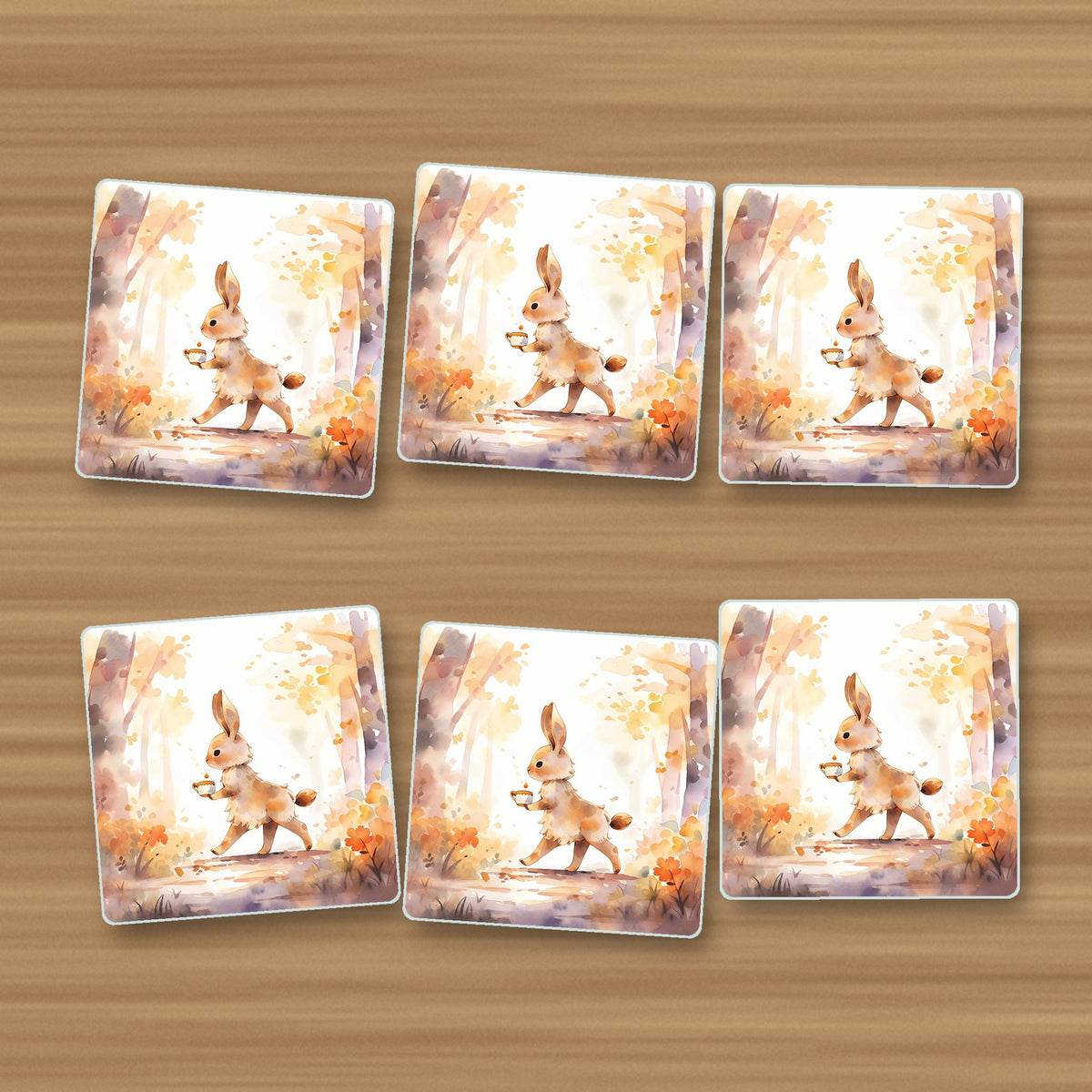 Rabbit on an Autumn Woodland Path square glass coasters, set of 6, on an oak coffee table