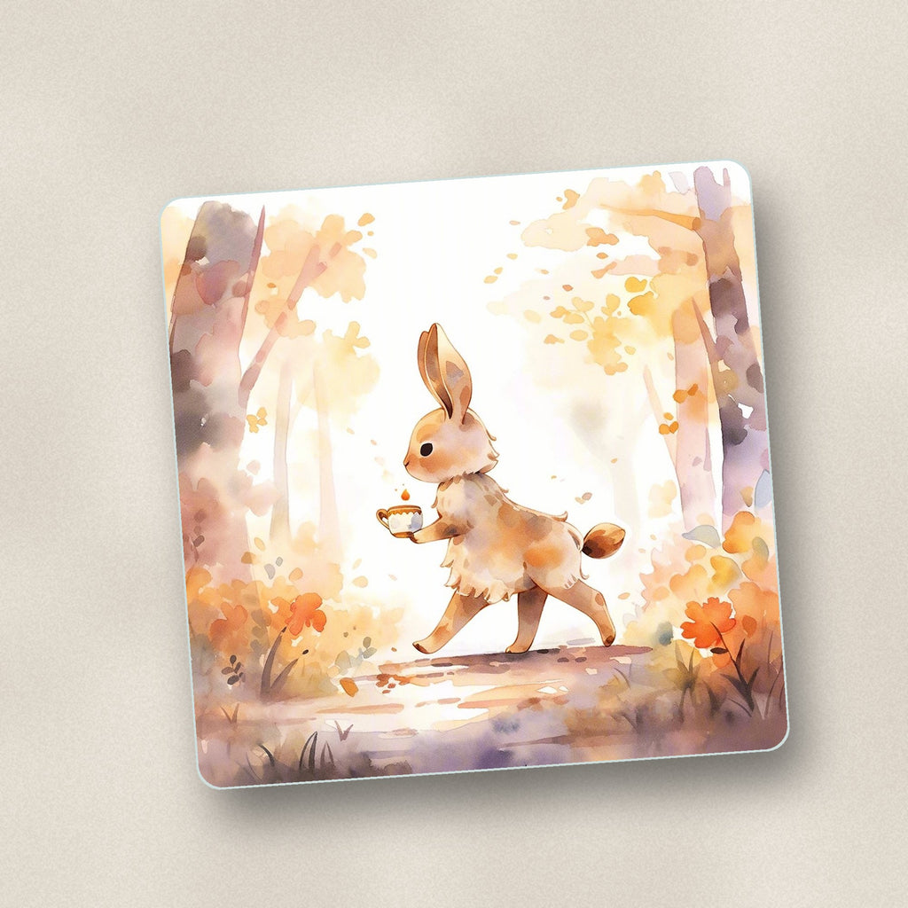 Close-up of one rabbit on an autumn woodland path square glass coaster, flat UV print