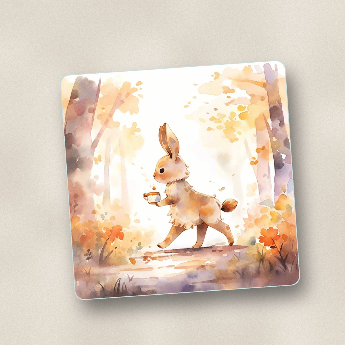 Close-up of one rabbit on an autumn woodland path square glass coaster, flat UV print