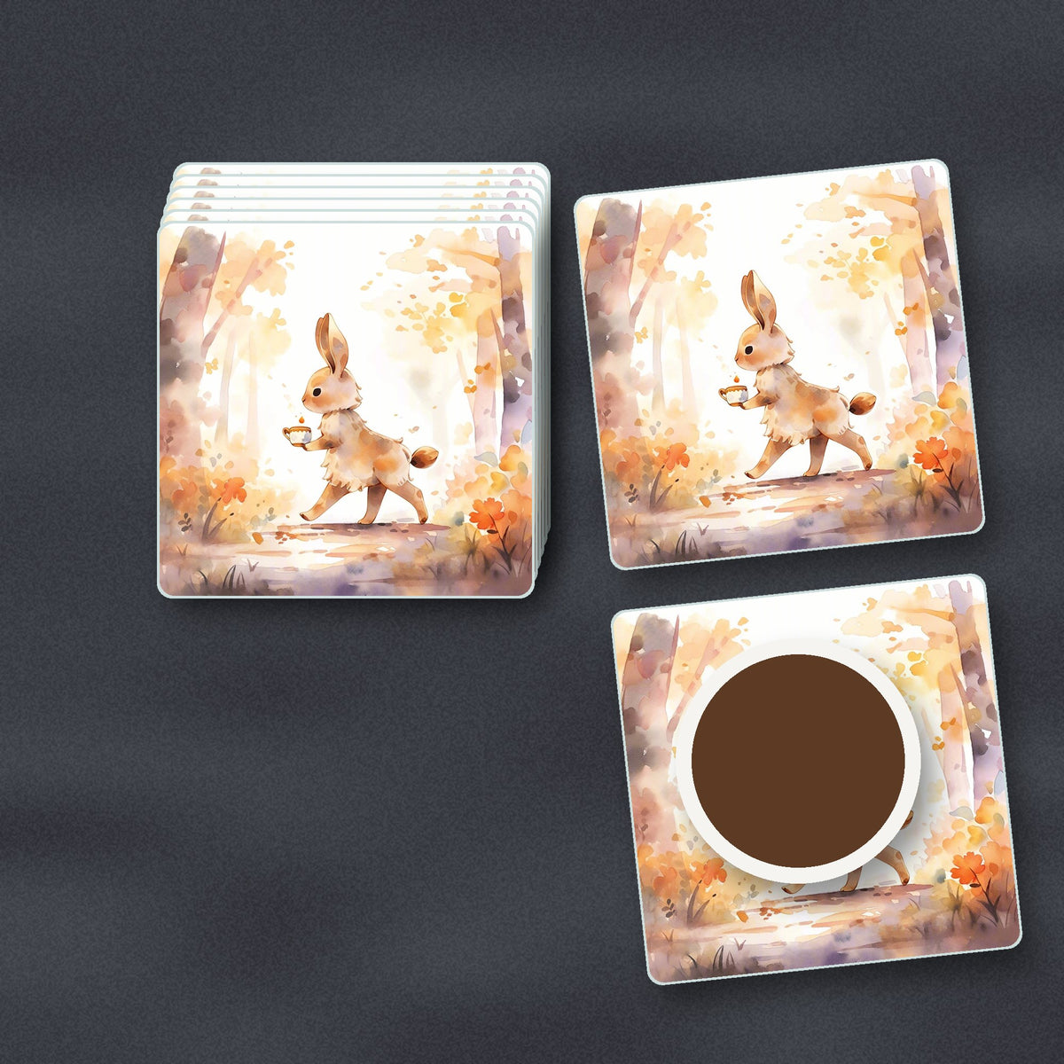 Rabbit on an Autumn Woodland Path square glass coasters stacked on a slate kitchen worktop