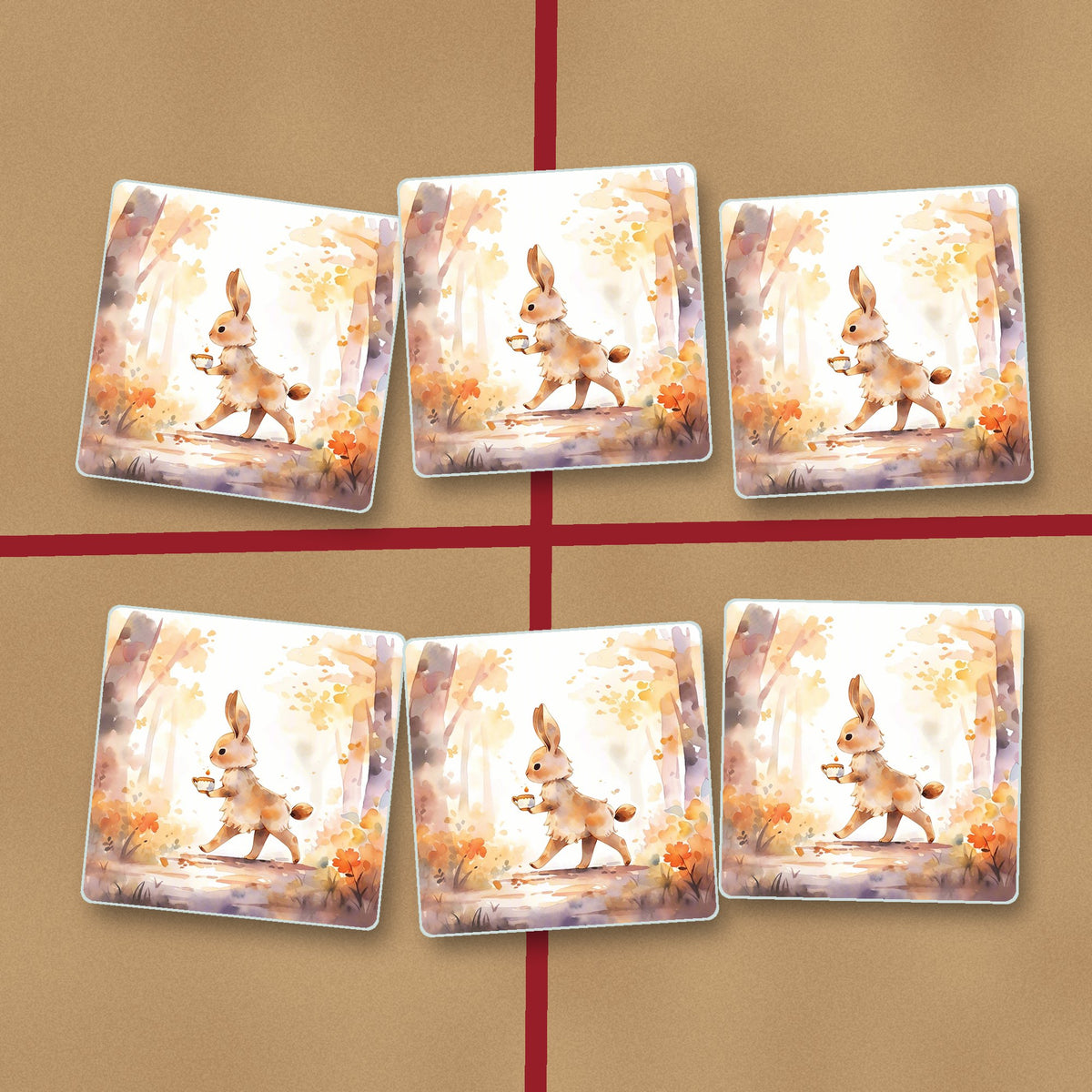 Rabbit on an Autumn Woodland Path square glass coasters on kraft gift wrap