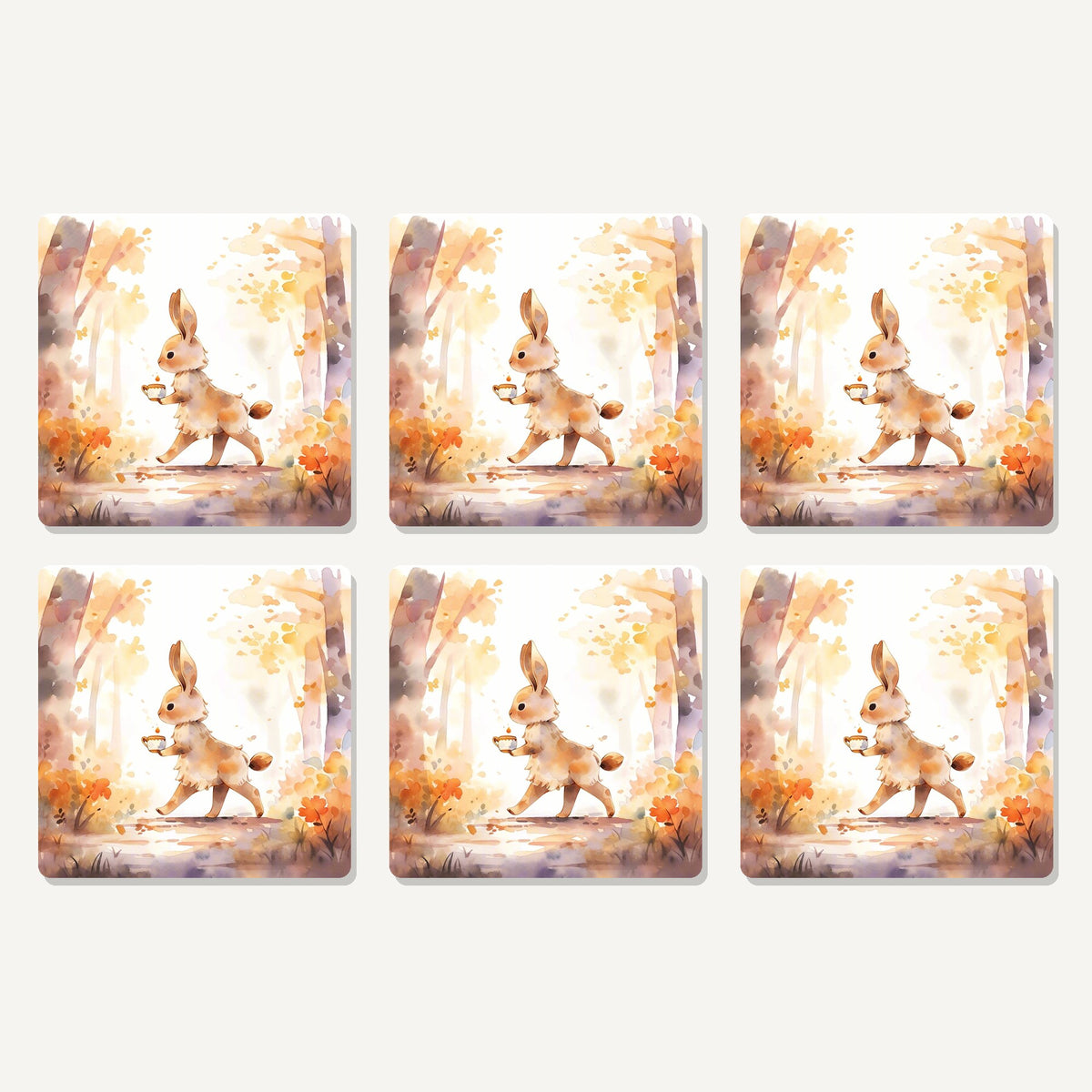 Flat lay of the rabbit on an autumn woodland path artwork on six square coasters