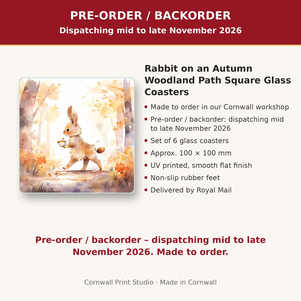 Info card: Rabbit on an Autumn Woodland Path Square Glass Coasters – Set of 6, made to order, dispatching mid to late November 2026, delivered by Royal Mail