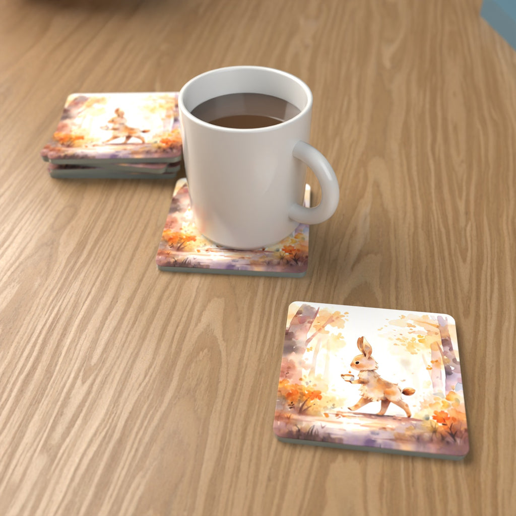 Rabbit on an Autumn Woodland Path Square Glass Coasters – Set of 6 – lifestyle mockup with a mug of coffee