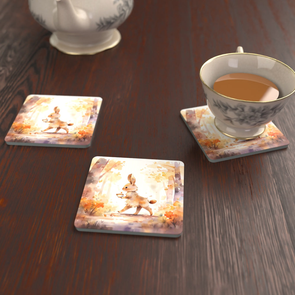 Rabbit on an Autumn Woodland Path Square Glass Coasters – Set of 6 – lifestyle mockup with a teacup