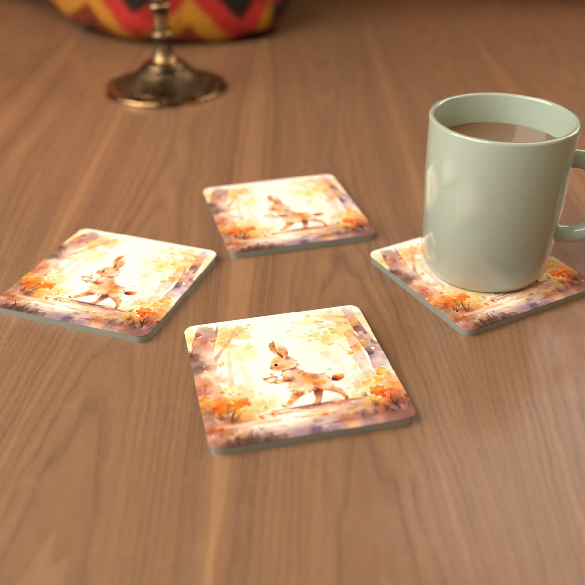 Rabbit on an Autumn Woodland Path Square Glass Coasters – Set of 6 – cosy lifestyle mockup