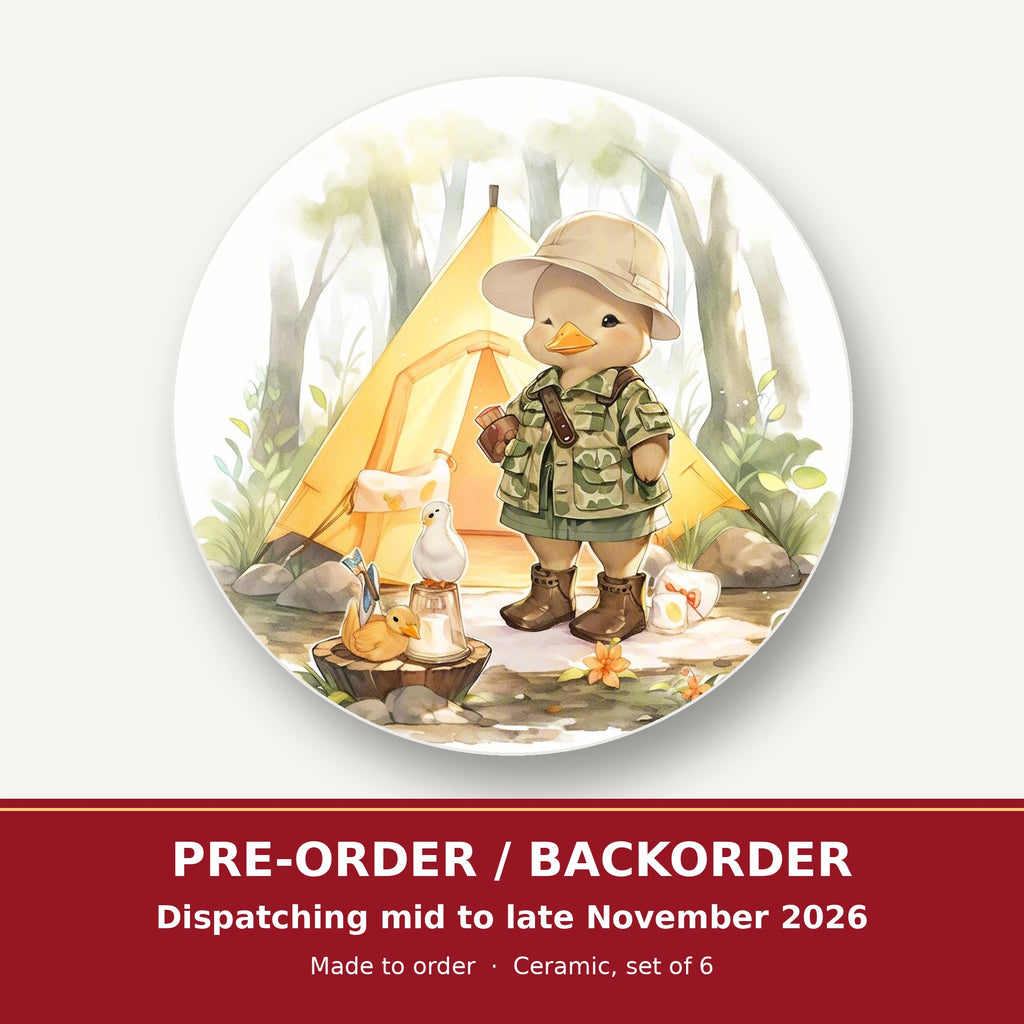 Duckling Camper round ceramic coaster set of 6 – pre-order / backorder, dispatching mid to late November 2026