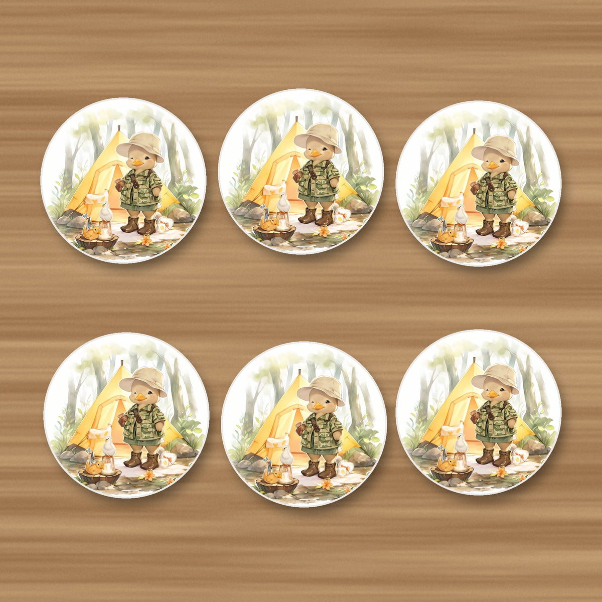 Duckling Camper round ceramic coasters, set of 6, on an oak coffee table