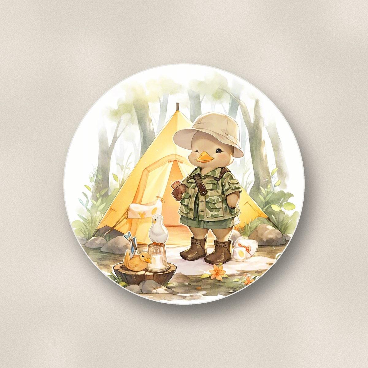 Close-up of one duckling camper round ceramic coaster, flat UV print
