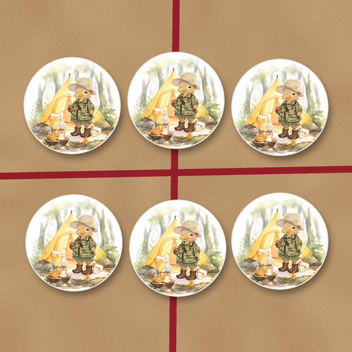 Duckling Camper round ceramic coasters on kraft gift wrap