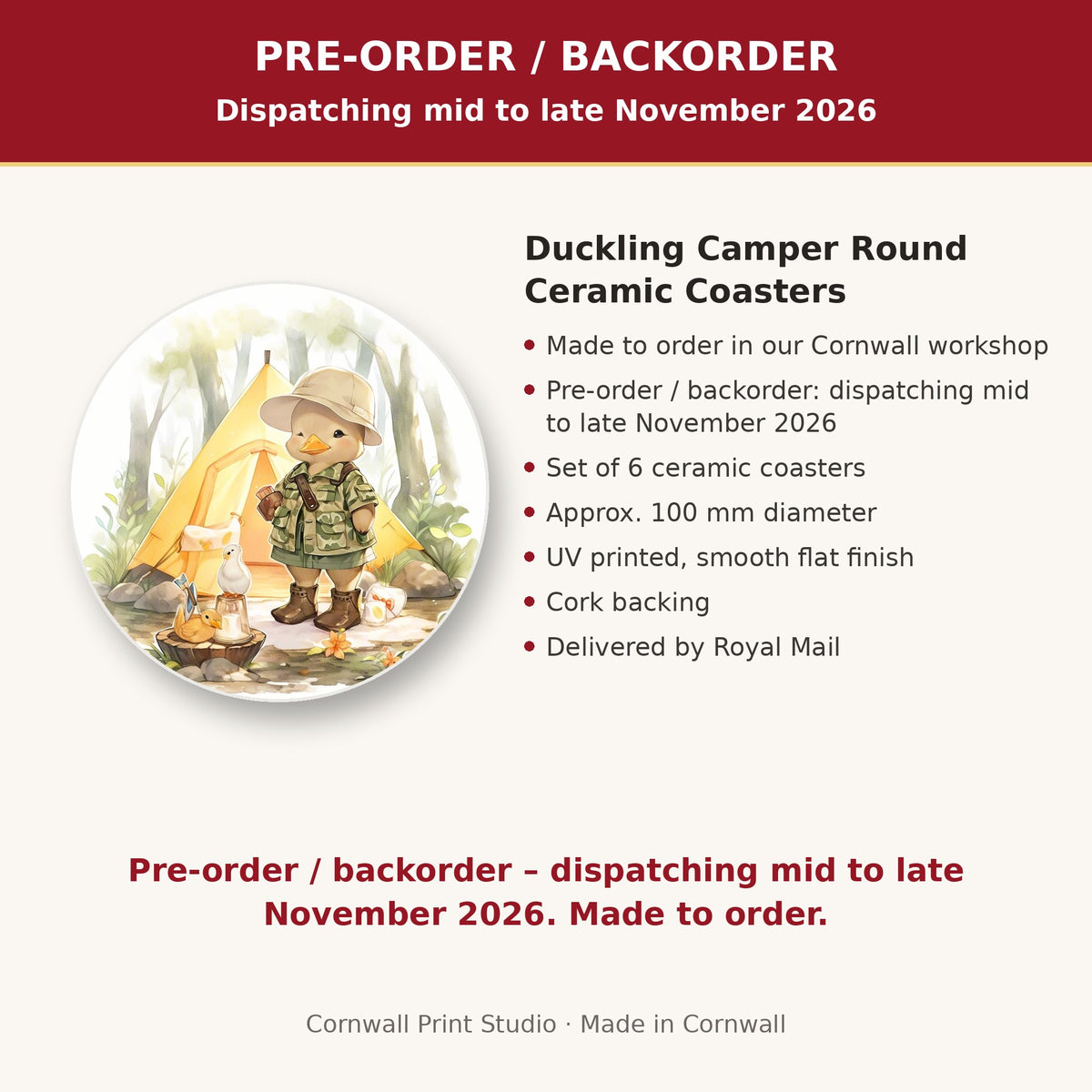 Info card: Duckling Camper Round Ceramic Coasters – Set of 6, made to order, dispatching mid to late November 2026, delivered by Royal Mail