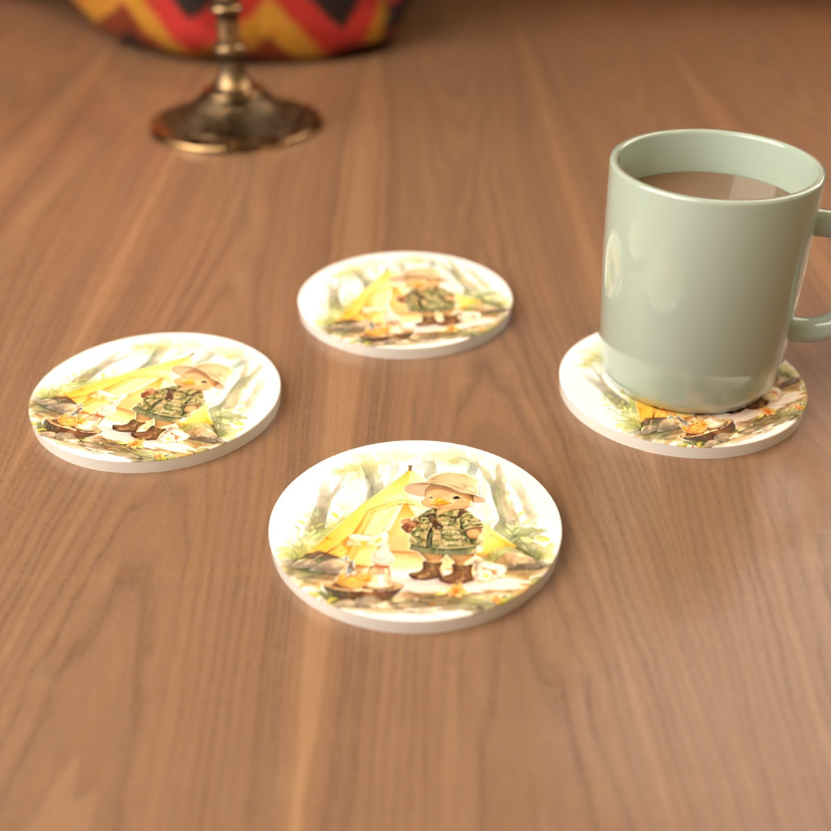Duckling Camper Round Ceramic Coasters – Set of 6 – cosy lifestyle mockup