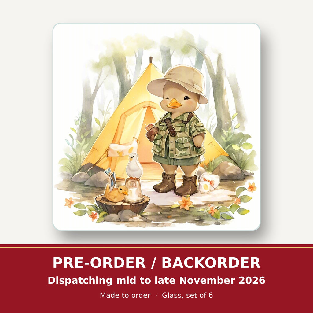 Duckling Camper square glass coaster set of 6 – pre-order / backorder, dispatching mid to late November 2026