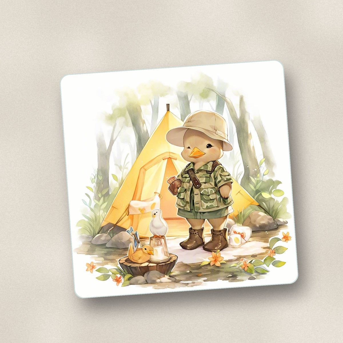 Close-up of one duckling camper square glass coaster, flat UV print