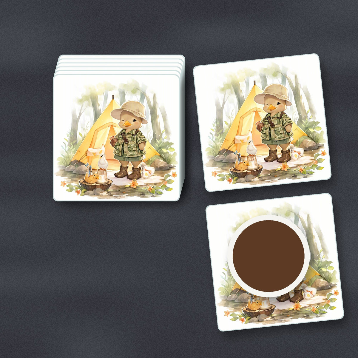 Duckling Camper square glass coasters stacked on a slate kitchen worktop