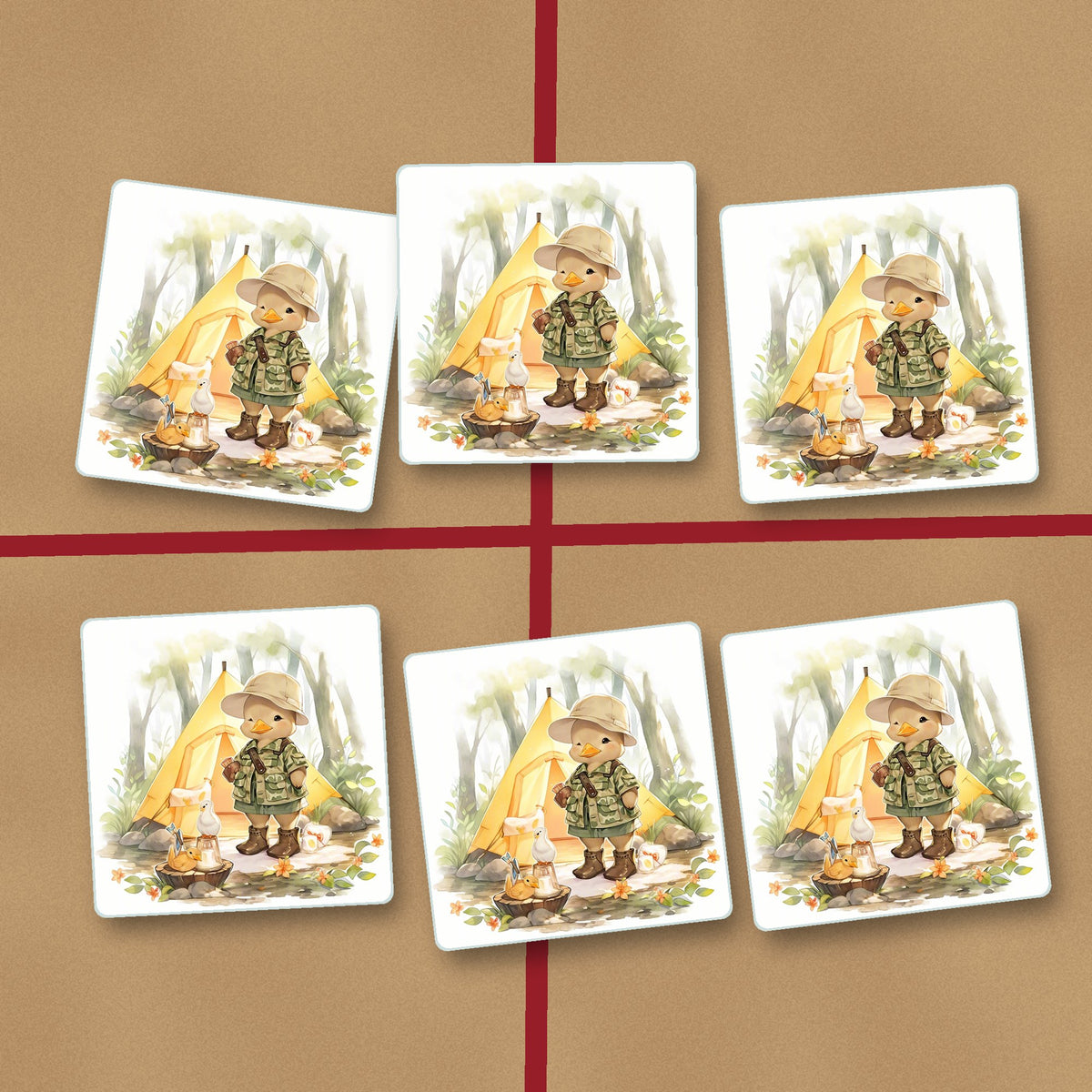 Duckling Camper square glass coasters on kraft gift wrap