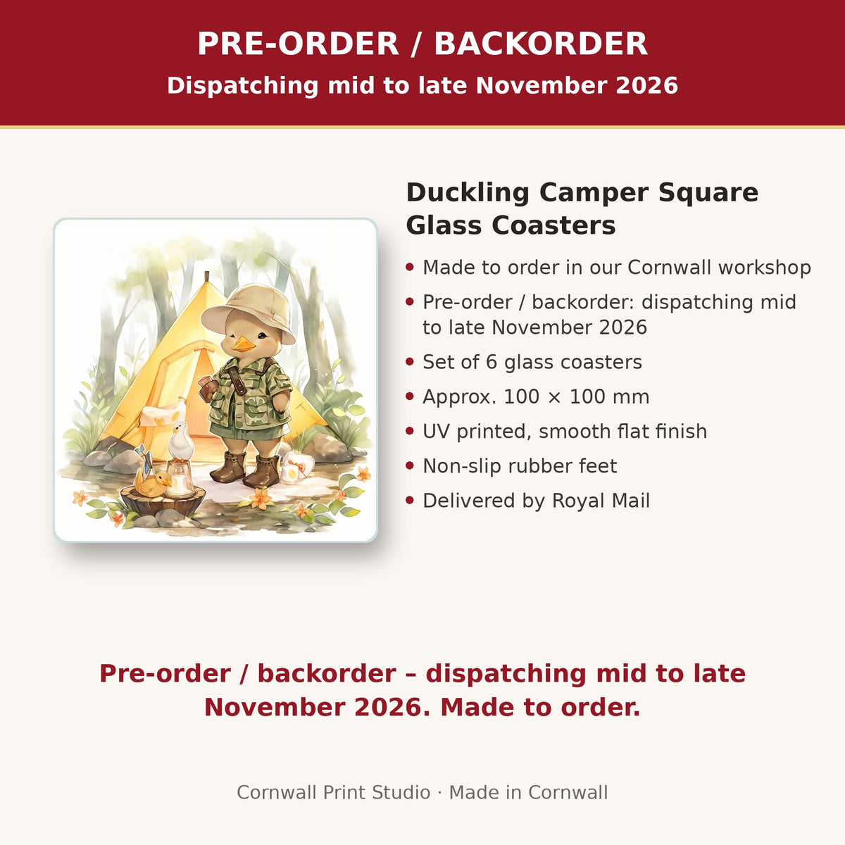 Info card: Duckling Camper Square Glass Coasters – Set of 6, made to order, dispatching mid to late November 2026, delivered by Royal Mail