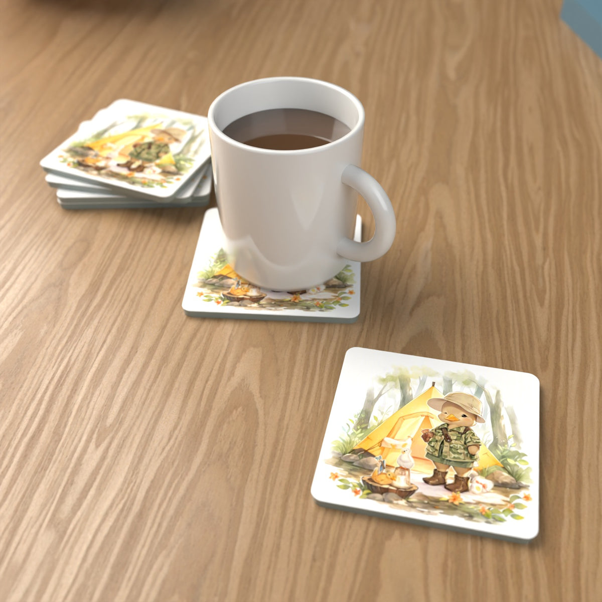 Duckling Camper Square Glass Coasters – Set of 6 – lifestyle mockup with a mug of coffee