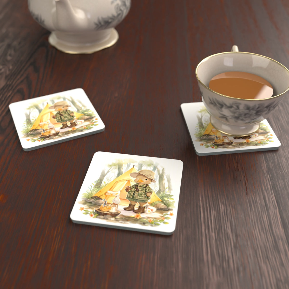 Duckling Camper Square Glass Coasters – Set of 6 – lifestyle mockup with a teacup