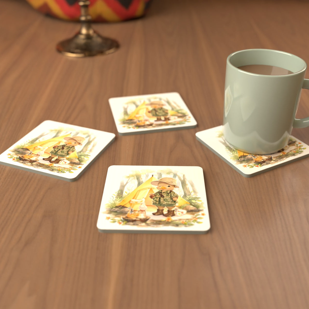 Duckling Camper Square Glass Coasters – Set of 6 – cosy lifestyle mockup