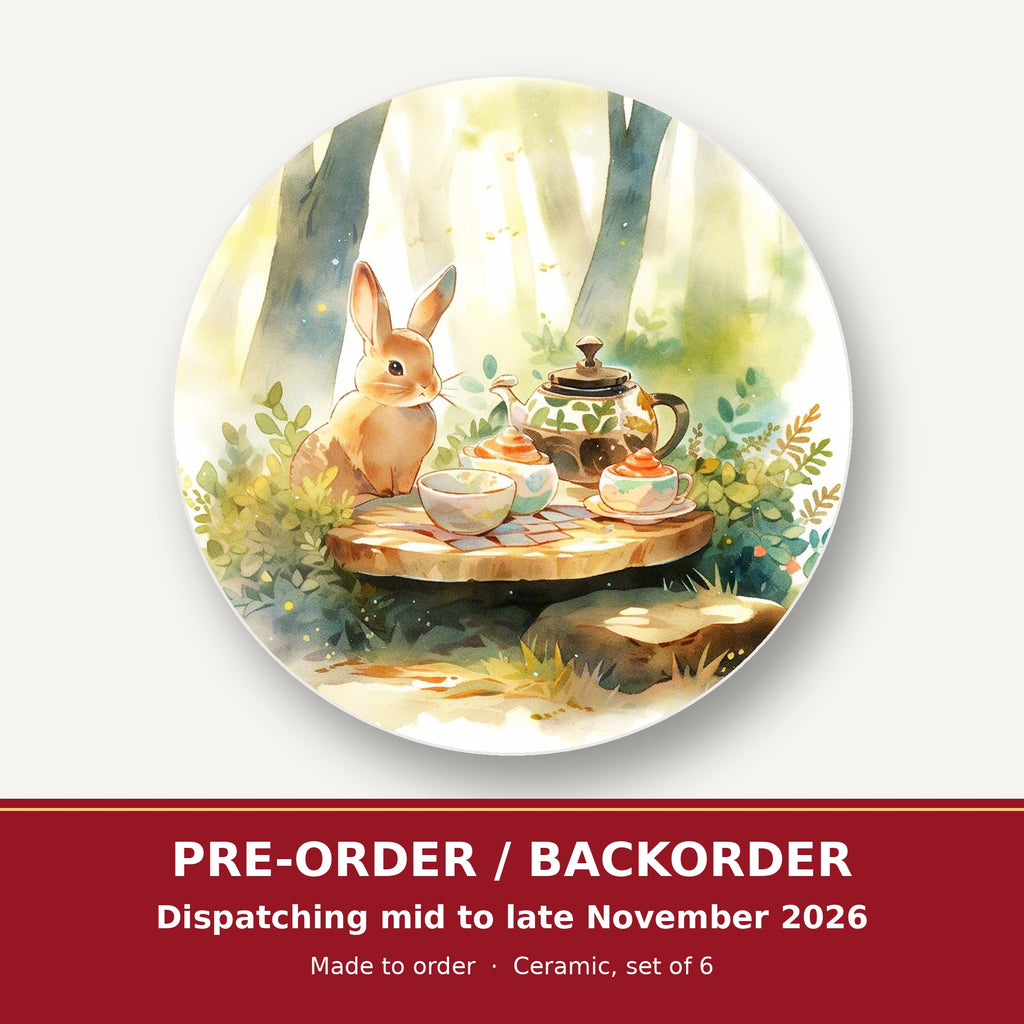 Rabbit Woodland Tea Party round ceramic coaster set of 6 – pre-order / backorder, dispatching mid to late November 2026