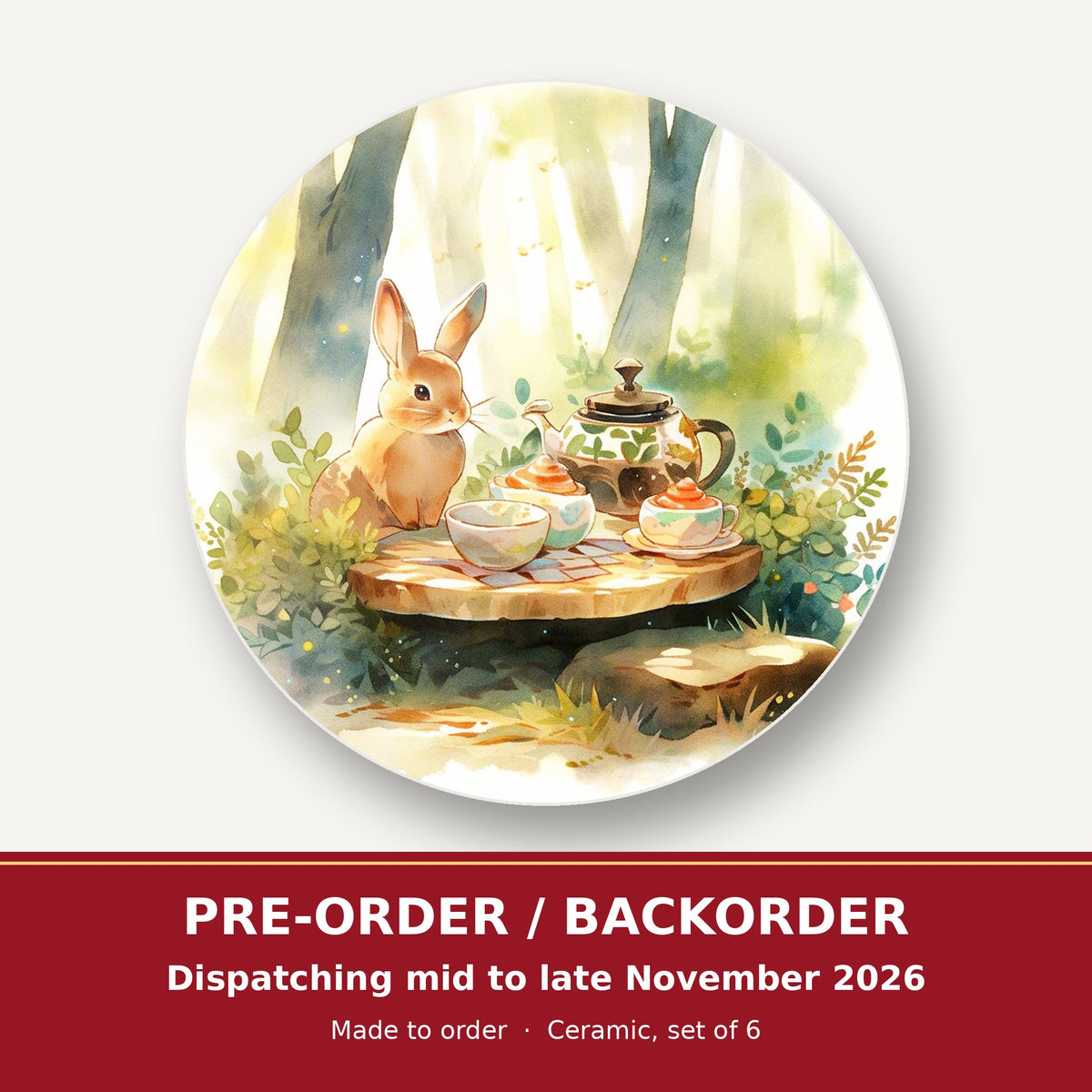 Rabbit Woodland Tea Party round ceramic coaster set of 6 – pre-order / backorder, dispatching mid to late November 2026