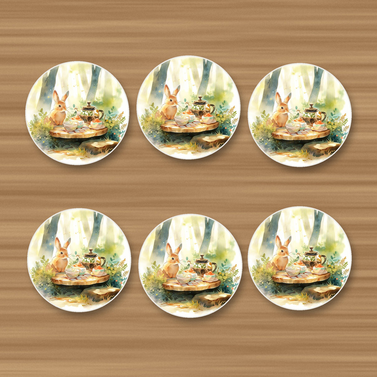 Rabbit Woodland Tea Party round ceramic coasters, set of 6, on an oak coffee table