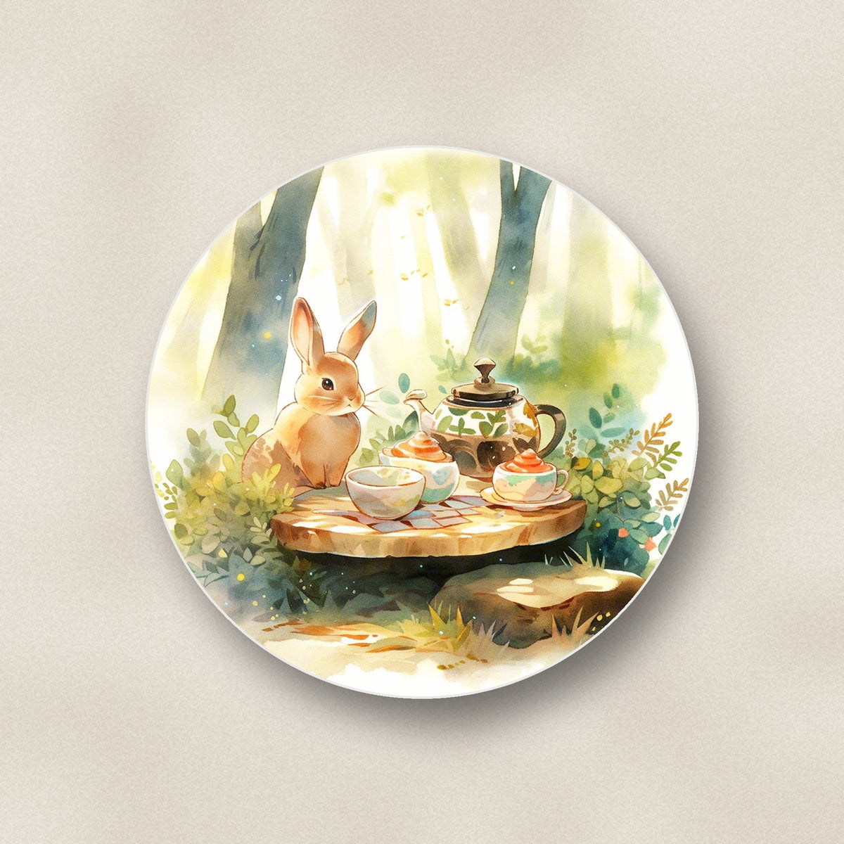 Close-up of one rabbit woodland tea party round ceramic coaster, flat UV print