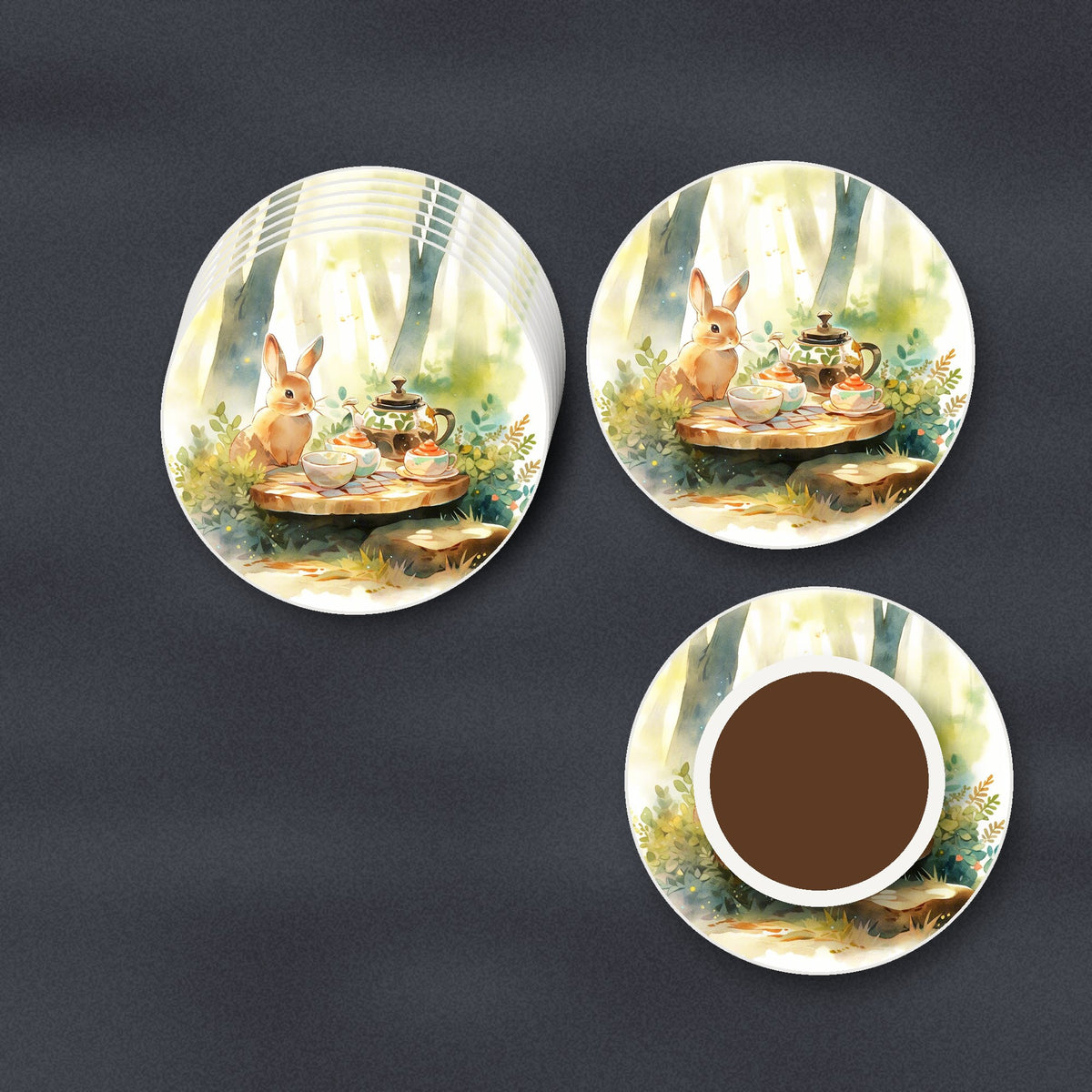 Rabbit Woodland Tea Party round ceramic coasters stacked on a slate kitchen worktop