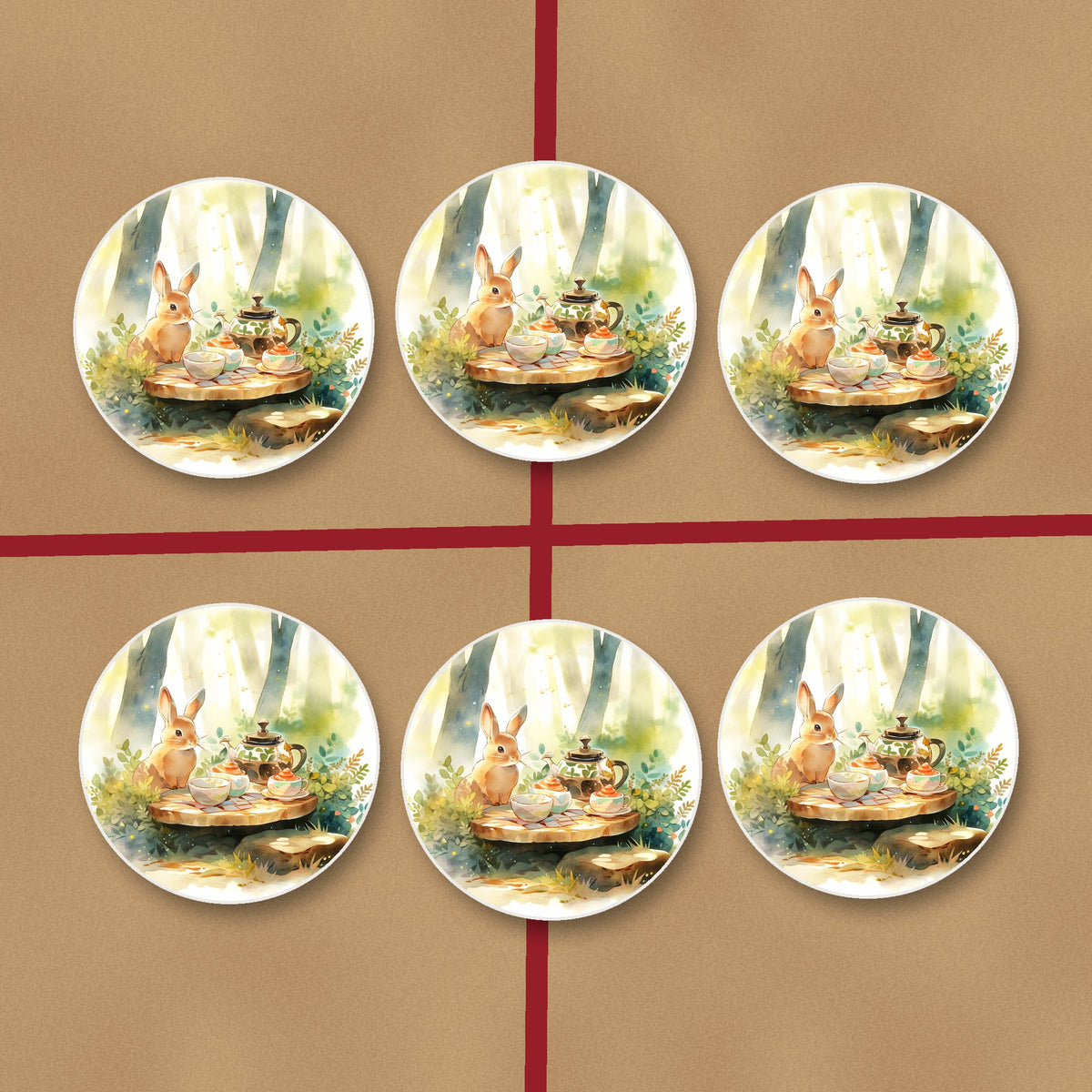 Rabbit Woodland Tea Party round ceramic coasters on kraft gift wrap