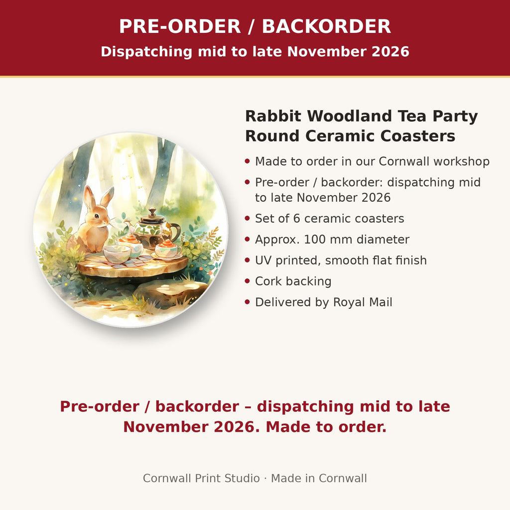 Info card: Rabbit Woodland Tea Party Round Ceramic Coasters – Set of 6, made to order, dispatching mid to late November 2026, delivered by Royal Mail
