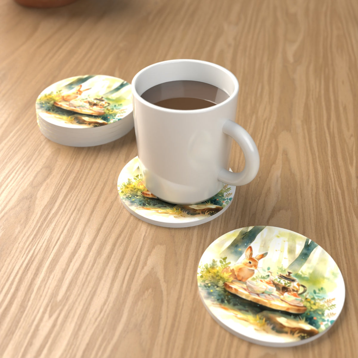 Rabbit Woodland Tea Party Round Ceramic Coasters – Set of 6 – lifestyle mockup with a mug of coffee
