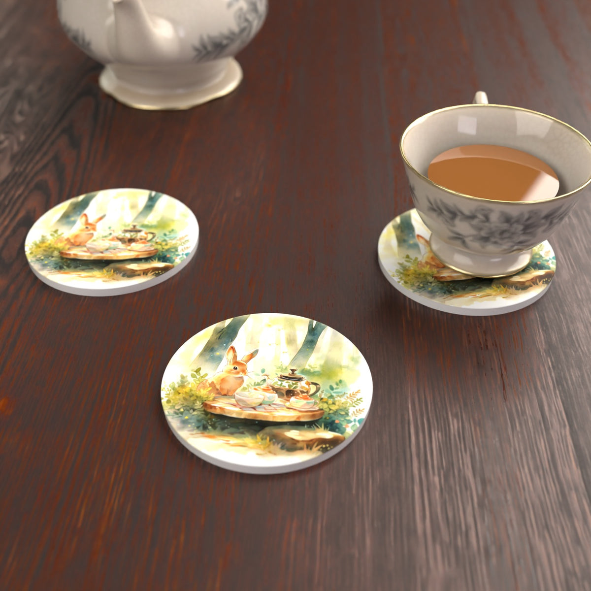 Rabbit Woodland Tea Party Round Ceramic Coasters – Set of 6 – lifestyle mockup with a teacup