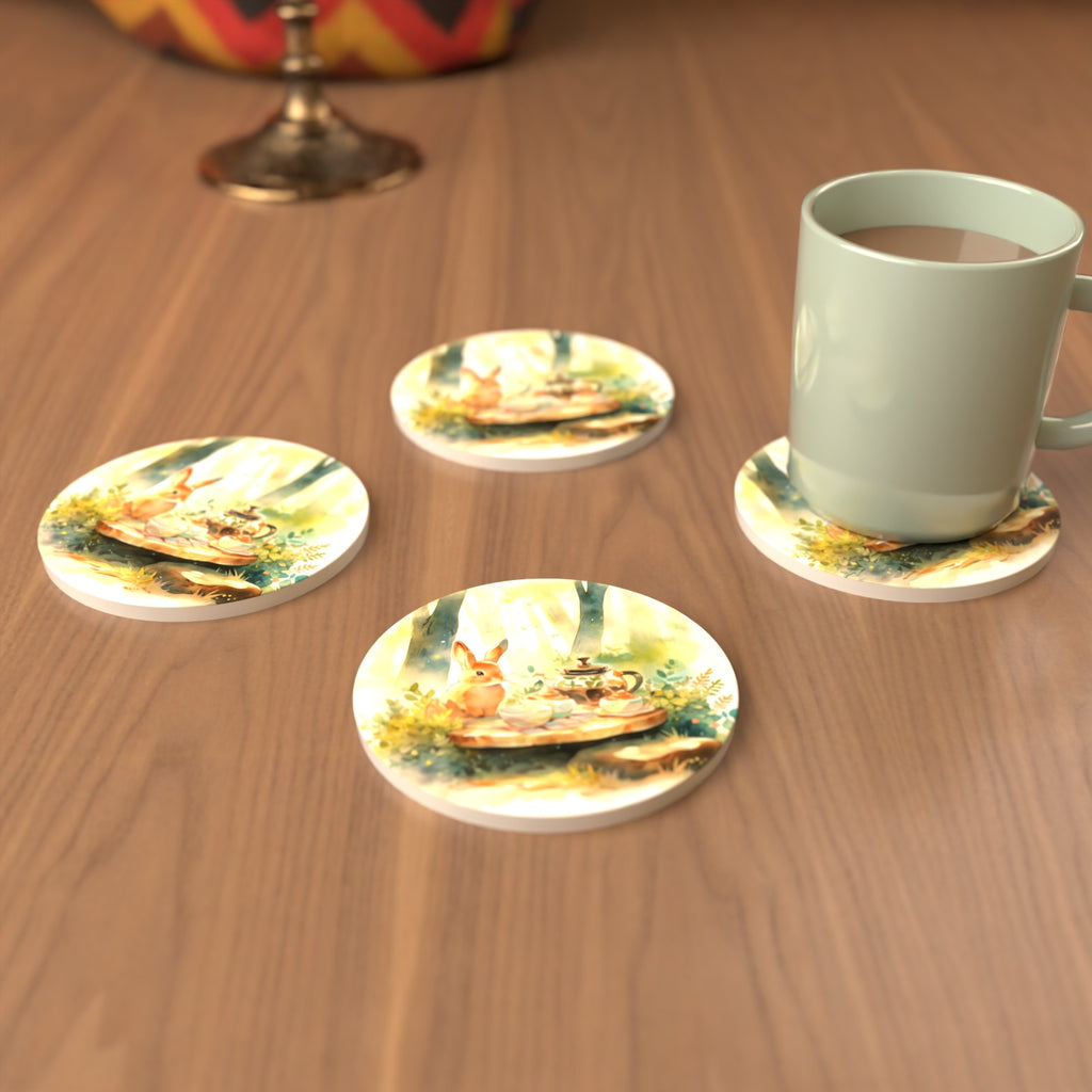 Rabbit Woodland Tea Party Round Ceramic Coasters – Set of 6 – cosy lifestyle mockup