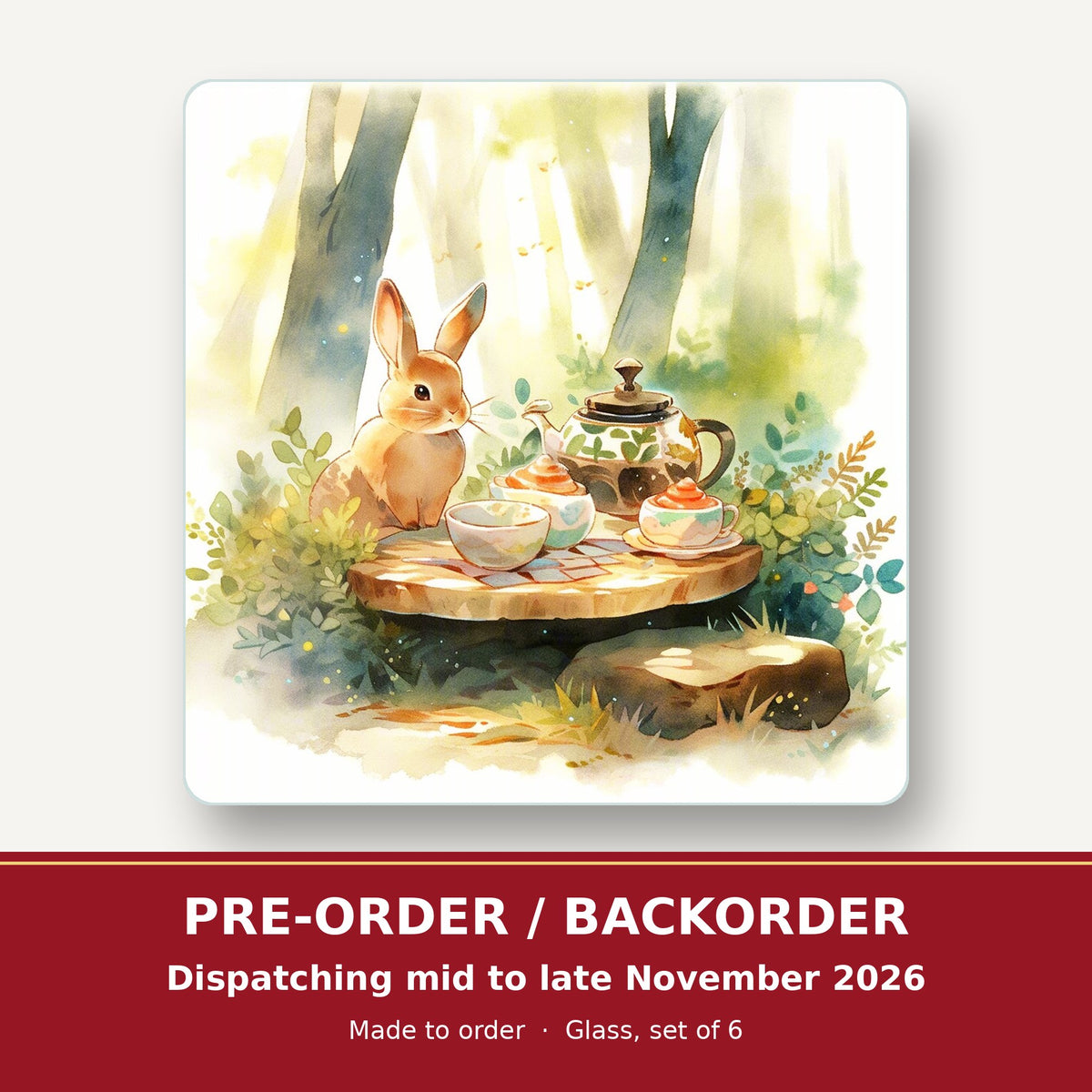 Rabbit Woodland Tea Party square glass coaster set of 6 – pre-order / backorder, dispatching mid to late November 2026